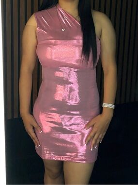 Shimmery Pink One-Shoulder Mini Dress